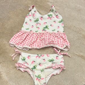 Sweet Honey- Girls Two-Piece Strawberry Print Tankini with Pink Gingham Ruffle
